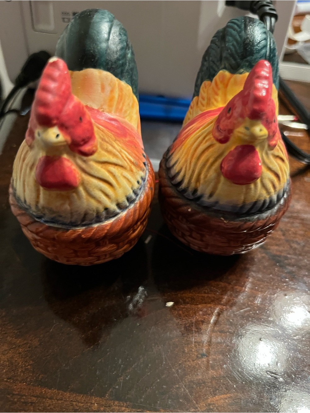 Hand-Painted Ceramic Rooster Salt and Pepper Shakers - Yellow Red Green